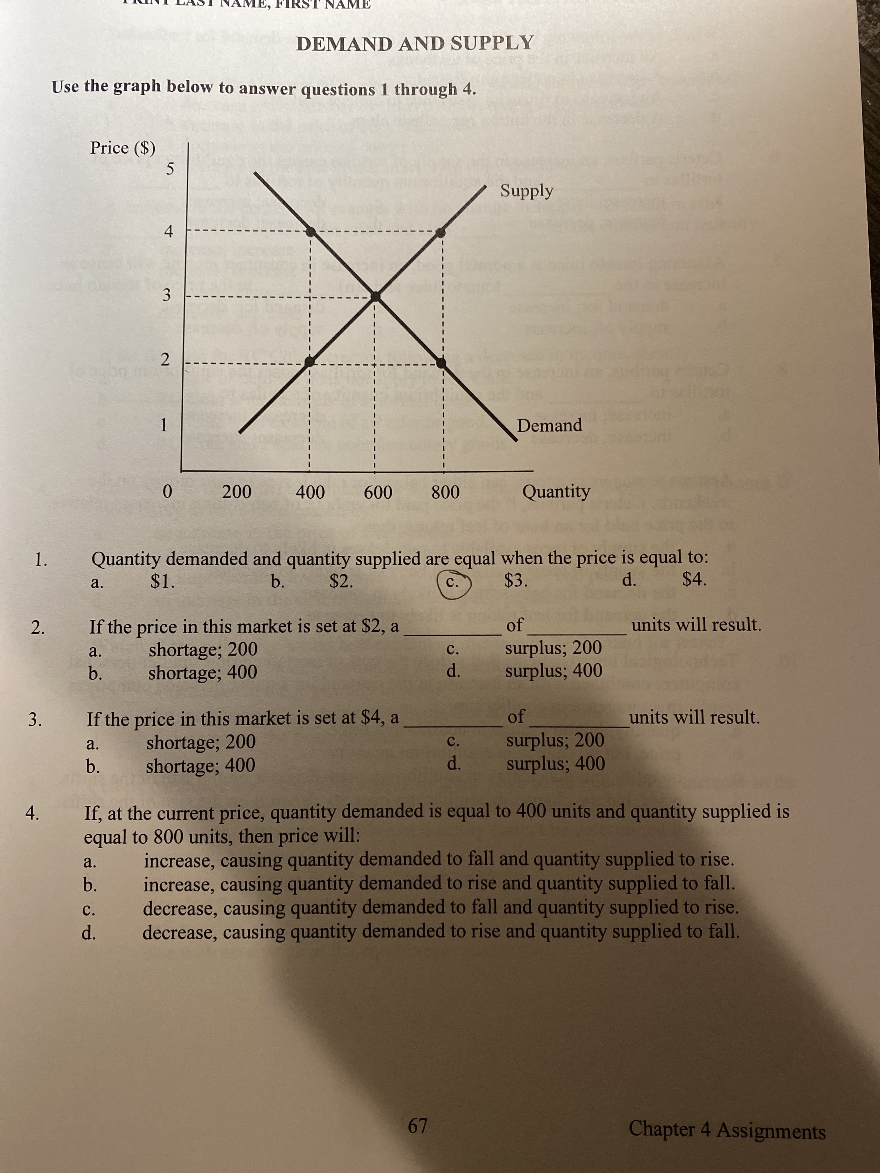 FIR
NAME
DEMAND AND SUPPLY
Use the graph below to answer questions 1 through 4.
Price ($)
Supply
Demand
Quantity
200
400
800
600
Quantity demanded and quantity supplied are equal when the price is equal to:
$4.
1.
$3.
d.
$2.
$1.
b.
C.
a.
units will result.
If the price in this market is set at $2, a
shortage; 200
shortage; 400
of
2.
surplus; 200
surplus; 400
C.
a.
d.
b.
If the price in this market is set at $4, a
shortage; 200
shortage; 400
units will result.
of
3.
surplus; 200
surplus; 400
C.
a.
d.
b.
If, at the current price, quantity demanded is equal to 400 units and quantity supplied is
4.
equal to 800 units, then price will:
increase, causing quantity demanded to fall and quantity supplied to rise.
increase, causing quantity demanded to rise and quantity supplied to fall.
decrease, causing quantity demanded to fall and quantity supplied to rise.
decrease, causing quantity demanded to rise and quantity supplied to fall.
a.
b.
C.
d.
67
Chapter 4 Assignments
4-
3.
2.
