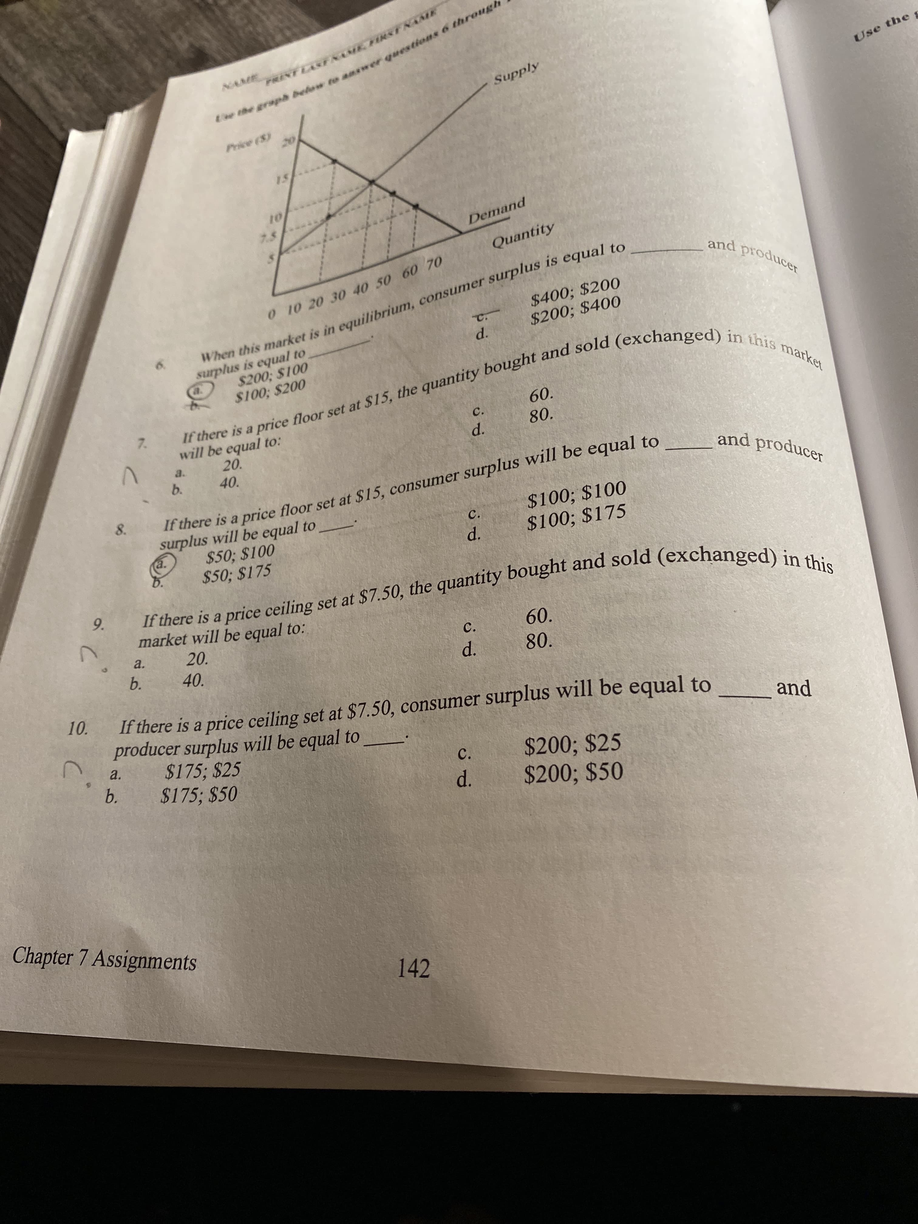 Ee the graph below to amswer questions 6 through
Supply
NAME
PRINT LASENME, FISENAME
Use the g
Price ($)
20
15
10
7.5
Demand
Quantity
and producer
0 10 20 30 40 50 60 70
$400; $200
$200; $400
When this market is in equilibrium, consumer surplus is equal to
6.
surplus is equal to
a.
d.
$200; $100
$100; $200
If there is a price floor set at $15, the quantity bought and sold (exchanged) in this market
7.
60.
C.
will be equal to:
20.
80.
d.
a.
b.
40.
f there is a price floor set at $15, consumer surplus will be equal to
surplus will be equal to
$50; $100
$50; $175
and producer
8.
$100; $100
$100; $175
C.
a.
d.
If there is a price ceiling set at $7.50, the quantity bought and sold (exchanged) in this
9.
market will be equal to:
60.
20.
40.
a.
C.
b.
d.
80.
10.
If there is a price ceiling set at $7.50, consumer surplus will be equal to
producer surplus will be equal to
$175; $25
$175; $50
and
a.
$200; $25
$200; $50
b.
C.
d.
Chapter 7 Assignments
142
