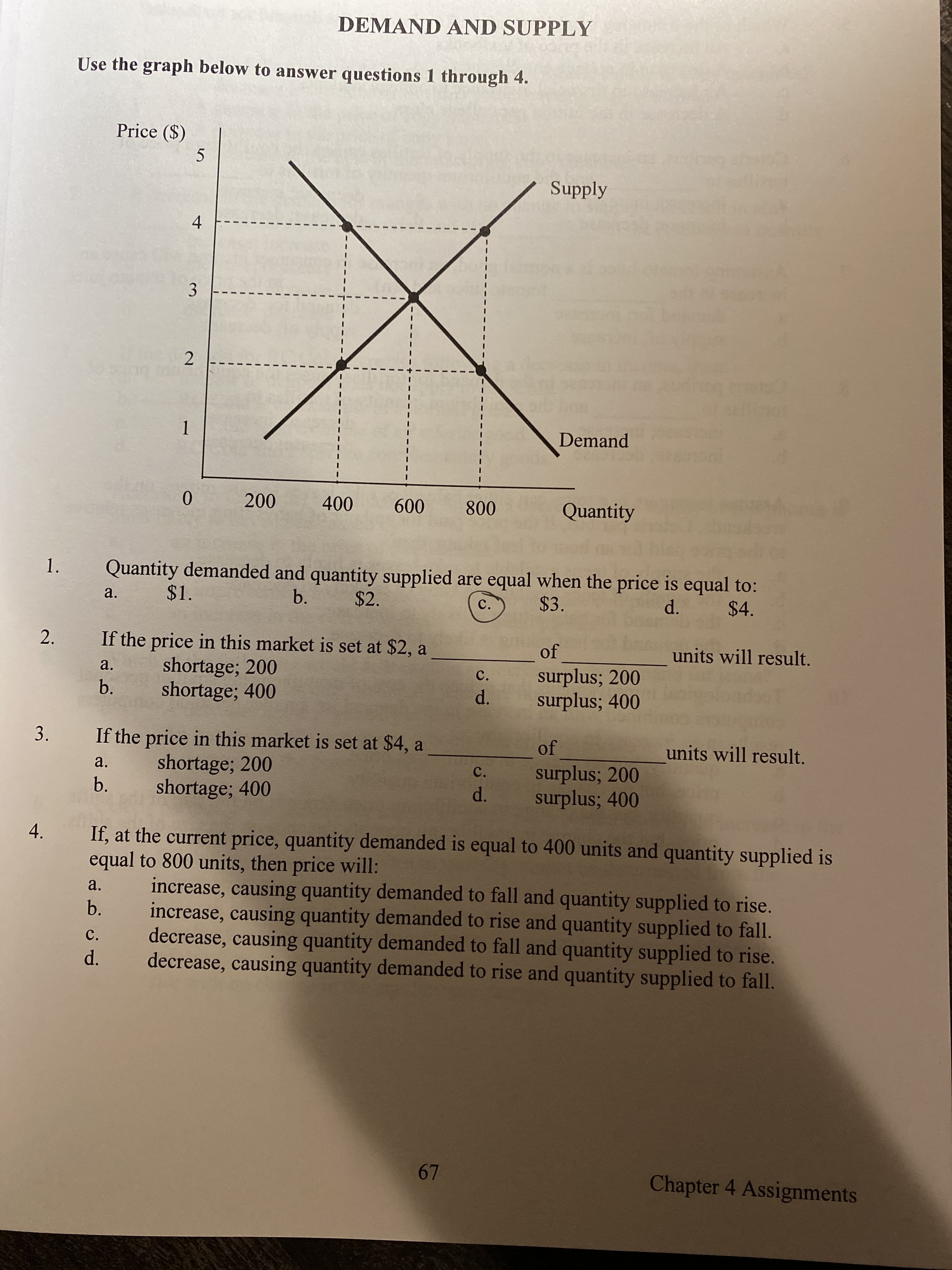 DEMAND AND SUPPLY
Use the graph below to answer questions 1 through 4.
Price ($)
Supply
4
3
1
Demand
200
400
600
800
Quantity
Quantity demanded and quantity supplied are equal when the price is equal to:
1.
$1.
a.
b.
$2.
$3.
C.
d.
$4.
2.
If the price in this market is set at $2, a
shortage; 200
shortage; 400
of
units will result.
a.
surplus; 200
surplus; 400
C.
b.
d.
3.
If the price in this market is set at $4, a
shortage; 200
shortage; 400
of
units will result.
a.
surplus; 200
surplus; 400
C.
b.
d.
4.
If, at the current price, quantity demanded is equal to 400 units and quantity supplied is
equal to 800 units, then price will:
increase, causing quantity demanded to fall and quantity supplied to rise.
increase, causing quantity demanded to rise and quantity supplied to fall.
decrease, causing quantity demanded to fall and quantity supplied to rise.
decrease, causing quantity demanded to rise and quantity supplied to fall.
a.
b.
C.
d.
67
Chapter 4 Assignments
2.
