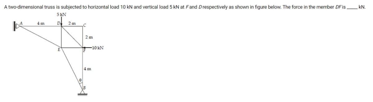 A two-dimensional truss is subjected to horizontal load 10 kN and vertical load 5 kN at Fand Drespectively as shown in figure below. The force in the member DFIS kN.
5 KN
4 m
D
2 m
2 m
10KN
4 m
