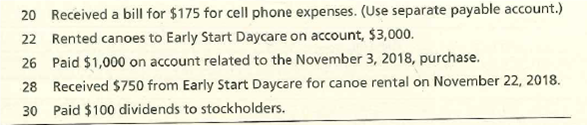 20 Received a bill for $175 for cell phone expenses. (Use separate payable account.)
22 Rented canoes to Early Start Daycare on account, $3,000.
26 Paid $1,000 on account related to the November 3, 2018, purchase.
28 Received $750 from Early Start Daycare for canoe rental on November 22, 2018.
30 Paid $100 dividends to stockholders.
