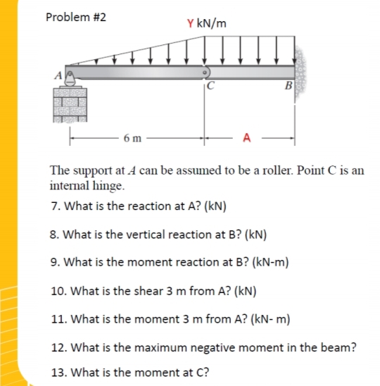 Problem #2
6 m
Y kN/m
C
A
B
The support at 4 can be assumed to be a roller. Point C is an
internal hinge.
7. What is the reaction at A? (kN)
8. What is the vertical reaction at B? (kN)
9. What is the moment reaction at B? (kN-m)
10. What is the shear 3 m from A? (kN)
11. What is the moment 3 m from A? (kN-m)
12. What is the maximum negative moment in the beam?
13. What is the moment at C?