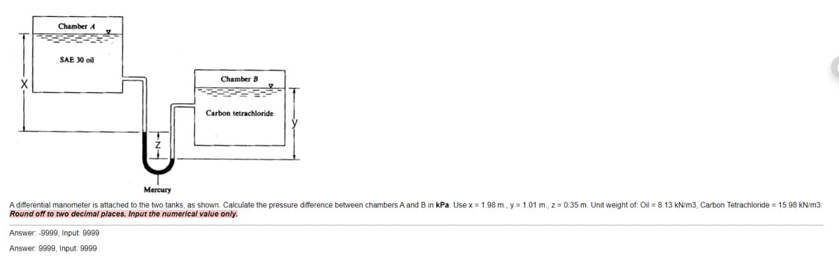 Chamber A
SAE 30 oil
Chamber B
Carbon tetrachloride
Mercury
A differential manometer
Round off to two decimal places. Input the numerical value only.
attached to the two tanks, as shown. Calculate the pressure difference between chambers A and B in kPa. Use x = 1.98 m., y = 1.01 m., z = 0.35 m. Unit weight of: Oil = 8.13 kN/m3, Carbon Tetrachloride = 15.98 kN/m3.
Answer: -9999, Input: 9999
Answer: 9999, Input: 9999
EN-
