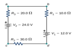 R- 20.0 2
R =
10.0 Ω
V2 - 24.0 V
ν- 12.0 ν
R, 30.0 Ω
