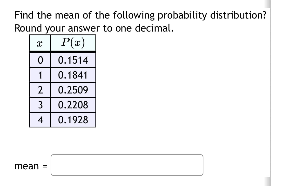 Find the mean of the following probability distribution?
Round your answer to one decimal.
x| P(x)
0 0.1514
1 0.1841
2 0.2509
3
0.2208
4 0.1928
mean =