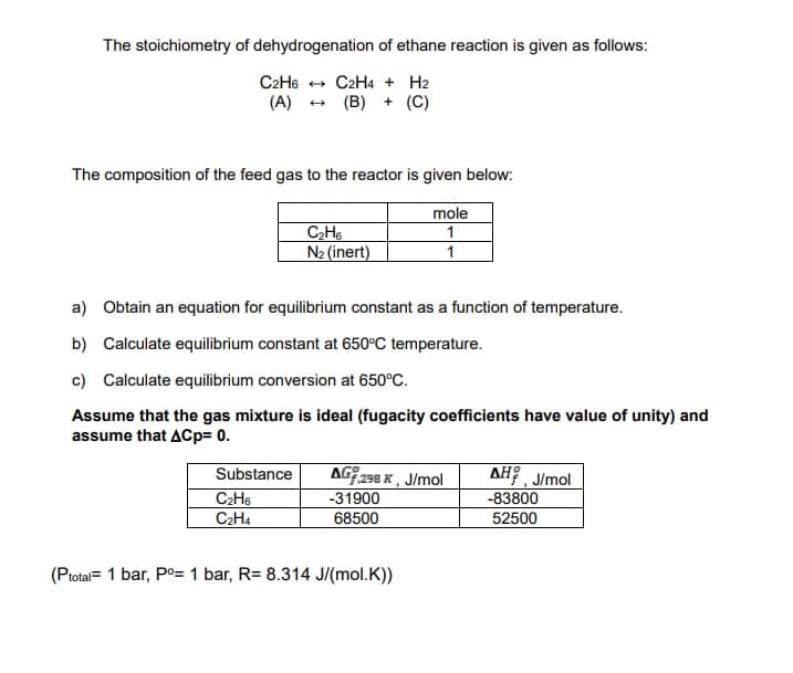 The stoichiometry of dehydrogenation of ethane reaction is given as follows:
C2H6C2H4 + H2
(A) → (B) + (C)
The composition of the feed gas to the reactor is given below:
C₂H6
N₂ (inert)
a) Obtain an equation for equilibrium constant as a function of temperature.
b) Calculate equilibrium constant at 650°C temperature.
Substance
C₂H6
C₂H4
mole
1
1
c) Calculate equilibrium conversion at 650°C.
Assume that the gas mixture is ideal (fugacity coefficients have value of unity) and
assume that ACP= 0.
AG 298 K, J/mol
-31900
68500
(Ptotal= 1 bar, Pº= 1 bar, R= 8.314 J/(mol.K))
AH, J/mol
-83800
52500