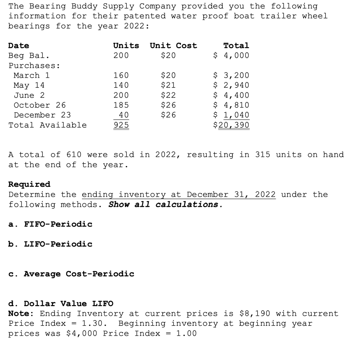 The Bearing Buddy Supply Company provided you the following
information for their patented water proof boat trailer wheel
bearings for the year 2022:
Date
Beg Bal.
Purchases:
March 1
May 14
June 2
October 26
December 23
Total Available
Units
200
a. FIFO-Periodic
160
140
200
185
40
925
b. LIFO-Periodic
Unit Cost
$20
$20
$21
$22
$26
$26
A total of 610 were sold in 2022, resulting in 315 units on hand
at the end of the year.
c. Average Cost-Periodic
Total
$ 4,000
Required
Determine the ending inventory at December 31, 2022 under the
following methods. Show all calculations.
$ 3,200
$ 2,940
$ 4,400
$ 4,810
$ 1,040
$20,390
d. Dollar Value LIFO
$8,190 with current
Note: Ending Inventory at current prices is
Price Index 1.30. Beginning inventory at beginning year
prices was $4,000 Price Index 1.00