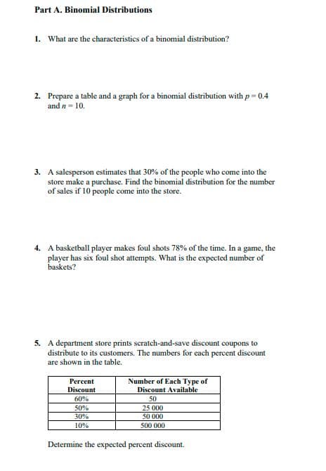 Part A. Binomial Distributions
1. What are the characteristics of a binomial distribution?
2. Prepare a table and a graph for a binomial distribution with p 0.4
and n = 10.
3. A salesperson estimates that 30% of the people who come into the
store make a purchase. Find the binomial distribution for the number
of sales if 10 people come into the store.
4. A basketball player makes foul shots 78% of the time. In a game, the
player has six foul shot attempts. What is the expected number of
baskets?
5. A department store prints scratch-and-save discount coupons to
distribute to its customers. The numbers for each percent discount
are shown in the table.
Number of Each Type of
Discount Available
Percent
Discount
60%
50
50%
25 000
30%
50 000
10%
500 000
Determine the expected percent discount.
