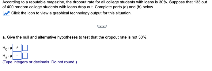 According to a reputable magazine, the dropout rate for all college students with loans is 30%. Suppose that 133 out
of 400 random college students with loans drop out. Complete parts (a) and (b) below.
Click the icon to view a graphical technology output for this situation.
a. Give the null and alternative hypotheses to test that the dropout rate is not 30%.
Ho: P
Ha: p
(Type integers or decimals. Do not round.)