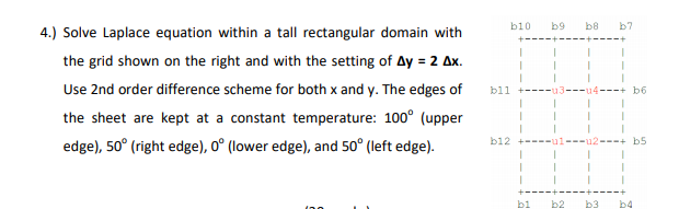 bi0
b9
b8
b7
4.) Solve Laplace equation within a tall rectangular domain with
the grid shown on the right and with the setting of Ay = 2 Ax.
Use 2nd order difference scheme for both x and y. The edges of
b11
b6
the sheet are kept at a constant temperature: 100° (upper
b12
b5
edge), 50° (right edge), 0° (lower edge), and 50° (left edge).
bi
b2
b3
b4
