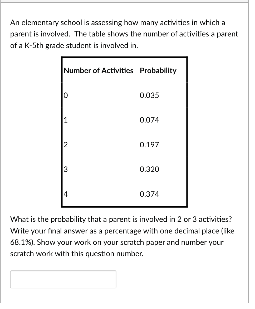 An elementary school is assessing how many activities in which a
parent is involved. The table shows the number of activities a parent
of a K-5th grade student is involved in.
Number of Activities Probability
1
2
3
4
0.035
0.074
0.197
0.320
0.374
What is the probability that a parent is involved in 2 or 3 activities?
Write your final answer as a percentage with one decimal place (like
68.1%). Show your work on your scratch paper and number your
scratch work with this question number.