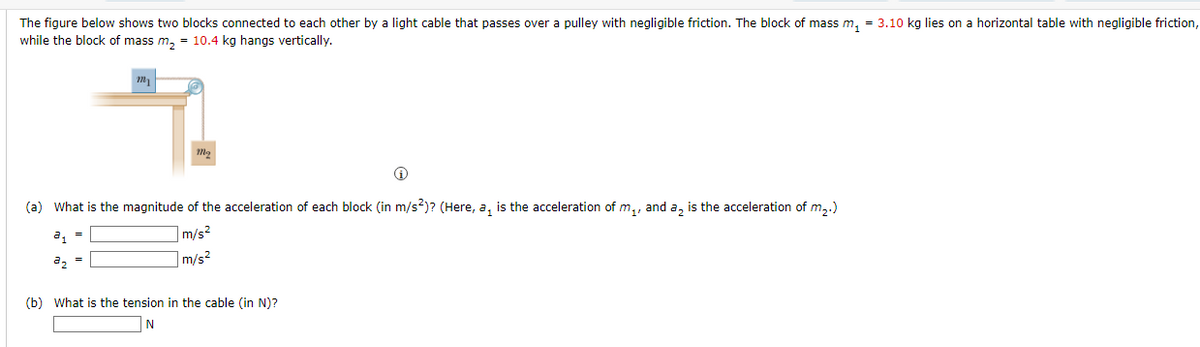 The figure below shows two blocks connected to each other by a light cable that passes over a pulley with negligible friction. The block of mass m₁ = 3.10 kg lies on a horizontal table with negligible friction,
while the block of mass m₂ = 10.4 kg hangs vertically.
m₁
2₁ =
a₂ =
(a) What is the magnitude of the acceleration of each block (in m/s²)? (Here, a, is the acceleration of m₂, and an is the acceleration of m₂.)
m/s²
m/s²
Ⓡ
(b) What is the tension in the cable (in N)?