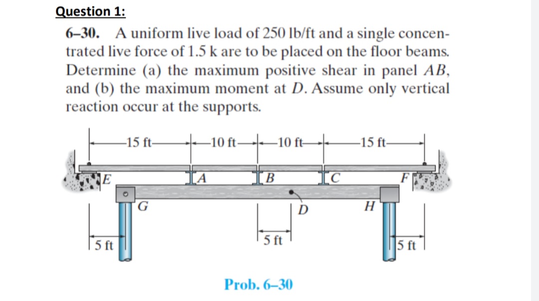 Question 1:
6–30. A uniform live load of 250 lb/ft and a single concen-
trated live force of 1.5 k are to be placed on the floor beams.
Determine (a) the maximum positive shear in panel AB,
and (b) the maximum moment at D. Assume only vertical
reaction occur at the supports.
-15 ft-
10 ft→–10 ft-
-15 ft-
B
IC
G
D
H
5 ft
5 ft
5 ft
Prob. 6–30
