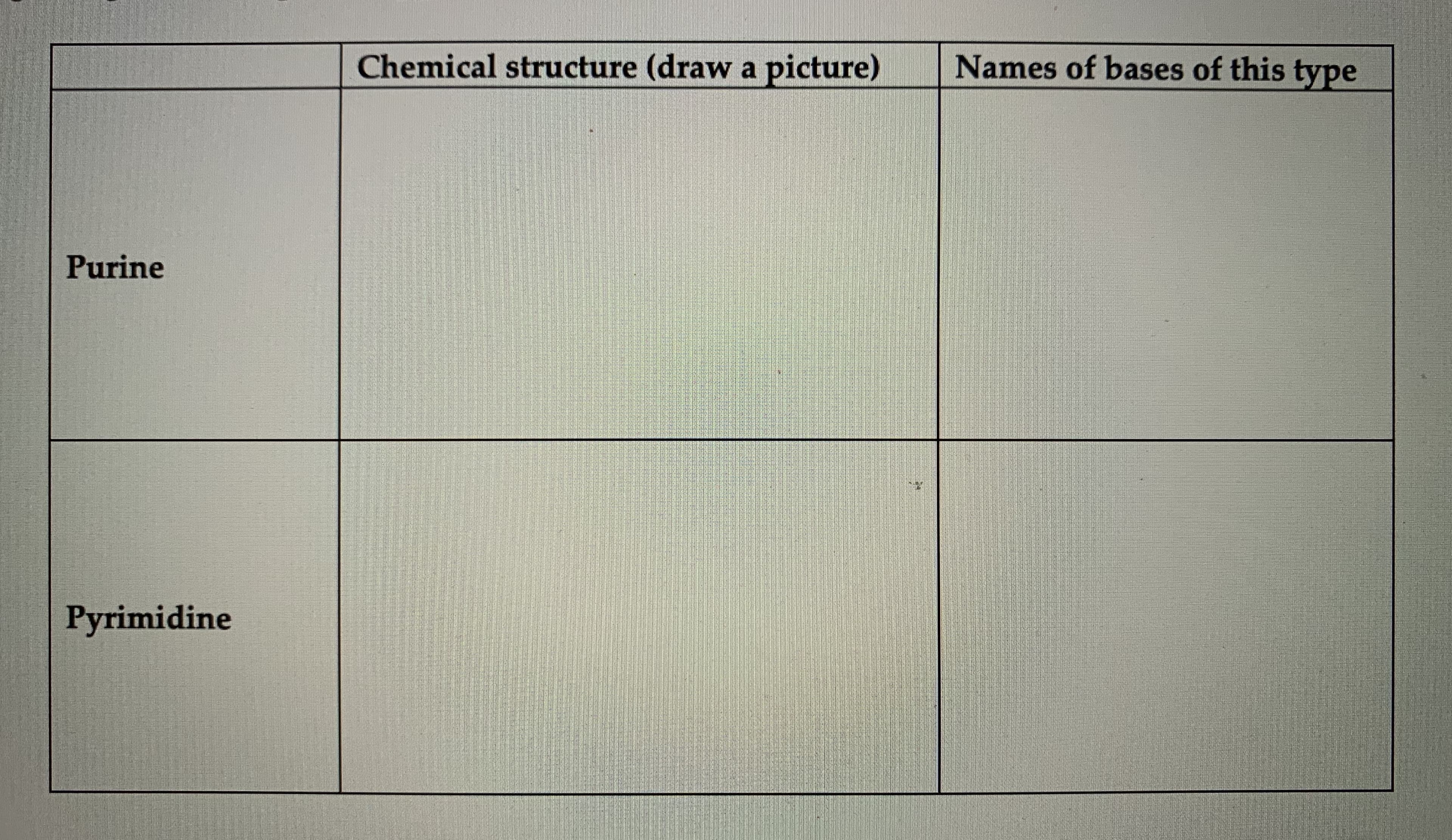 Chemical structure (draw a picture)
Names of bases of this type
Purine
Pyrimidine
