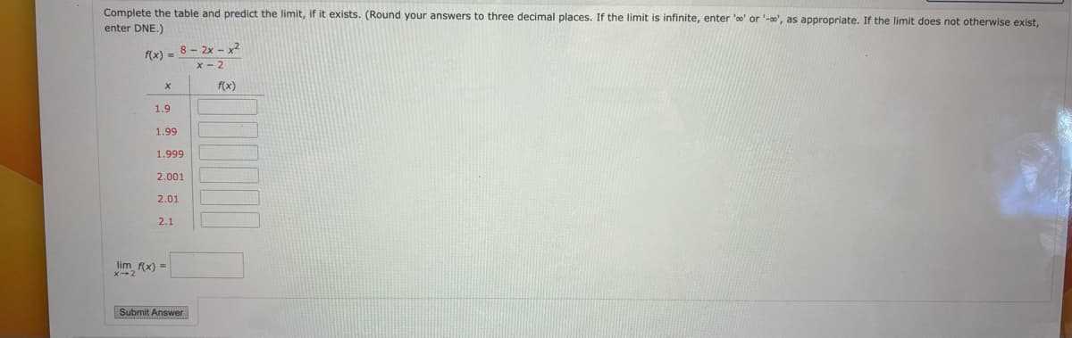 Complete the table and predict the limit, if it exists. (Round your answers to three decimal places. If the limit is infinite, enter 'oo' or '-', as appropriate. If the limit does not otherwise exist,
enter DNE.)
f(x) =
x
1.9
8-2x-x2
X-2
f(x)
1.99
1.999
2.001
2.01
2.1
lim f(x)=
x-2
Submit Answer