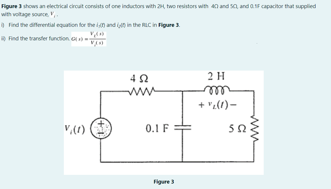 Figure 3 shows an electrical circuit consists of one inductors with 2H, two resistors with 42 and 50, and 0.1F capacitor that supplied
with voltage source, V
i) Find the differential equation for the i;(t) and iz(t) in the RLC in Figure 3.
V,( s)
V,( s)
ii) Find the transfer function. G( s) =
4 2
2 H
ell
+ "z(1)–
ww
V,(1)
0.1 F
Figure 3
ww
