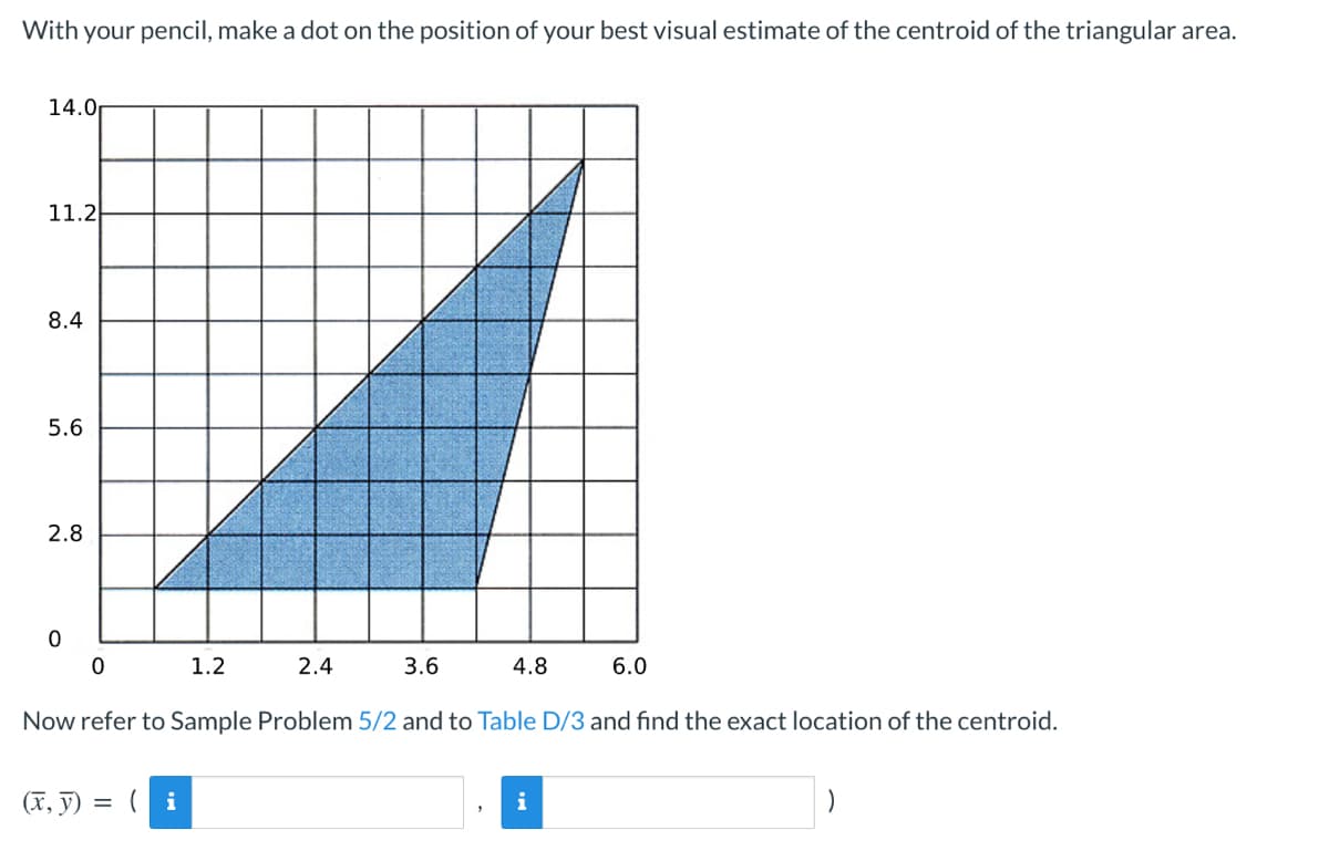 With your pencil, make a dot on the position of your best visual estimate of the centroid of the triangular area.
14.0
11.2
8.4
5.6
2.8
0
0
1.2
(x, y) = (i
2.4
3.6
4.8
6.0
Now refer to Sample Problem 5/2 and to Table D/3 and find the exact location of the centroid.