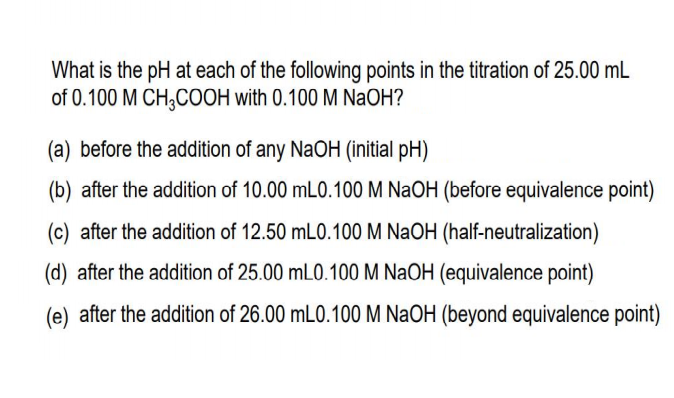 What is the pH at each of the following points in the titration of 25.00 mL
of 0.100 M CH;COOH with 0.100 M NaOH?
(a) before the addition of any NaOH (initial pH)
(b) after the addition of 10.00 mLO.100 M NaOH (before equivalence point)
(c) after the addition of 12.50 mL0.100 M NaOH (half-neutralization)
(d) after the addition of 25.00 mL0.100 M NaOH (equivalence point)
(e) after the addition of 26.00 mLO.100 M NaOH (beyond equivalence point)
