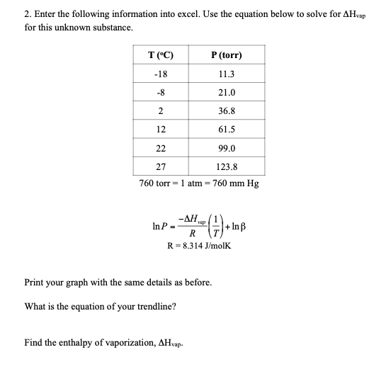 2. Enter the following information into excel. Use the equation below to solve for AHvap
for this unknown substance.
T ("C)
P (torr)
-18
11.3
-8
21.0
2
36.8
12
61.5
22
99.0
27
123.8
760 torr = 1 atm = 760 mm Hg
-AH
vap
In P
|+ Inß
R = 8.314 J/molK
Print your graph with the same details as before.
What is the equation of your trendline?
Find the enthalpy of vaporization, AHvap.
