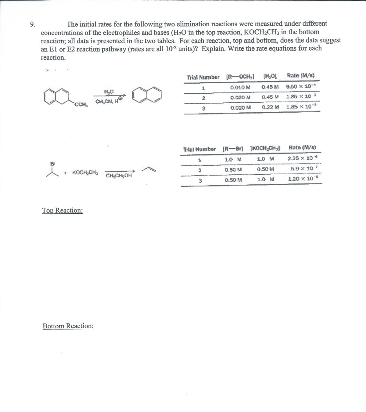 9.
The initial rates for the following two elimination reactions were measured under different
concentrations of the electrophiles and bases (H2O in the top reaction, KOCH2CH3 in the bottom
reaction; all data is presented in the two tables. For each reaction, top and bottom, does the data suggest
an El or E2 reaction pathway (rates are all 10* units)? Explain. Write the rate equations for each
reaction.
Trial Number [R-OCH.]
[H,0]
Rate (M/s)
0.010 M
0.45 M
9.50 X 10-4
HO
2
0.020 M
0.45 M
1.85 x 10 3
CH,CN, H
OCH,
0.22 M
1.85 x 10-
3
0.020 M
Trial Number R-Br]
[KOCH,CHal
Rate (M/s)
6
1.0 M
1.0 M
2.35 X 10
Br
0.50 M
0.50 M
5.9 x 10*
+ KOCH,CH,
CH,CH,OH
3
0.50 M
1.0 M
1.20 x 10
Top Reaction:
Bottom Reaction:
