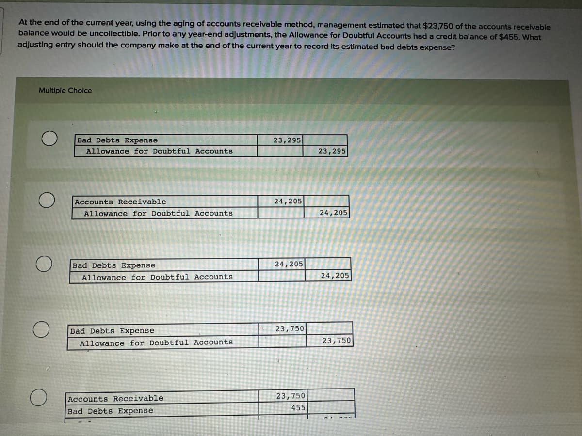 At the end of the current year, using the aging of accounts receivable method, management estimated that $23,750 of the accounts receivable
balance would be uncollectible. Prior to any year-end adjustments, the Allowance for Doubtful Accounts had a credit balance of $455. What
adjusting entry should the company make at the end of the current year to record its estimated bad debts expense?
Multiple Choice
Bad Debts Expense
23,295
Allowance for Doubtful Accounts
23,295
О
Accounts Receivable
24,205
Allowance for Doubtful Accounts
24,205
О
Bad Debts Expense
24,205
Allowance for Doubtful Accounts
24,205
Bad Debts Expense
Allowance for Doubtful Accounts
Accounts Receivable
Bad Debts Expense
23,750
23,750
23,750
455