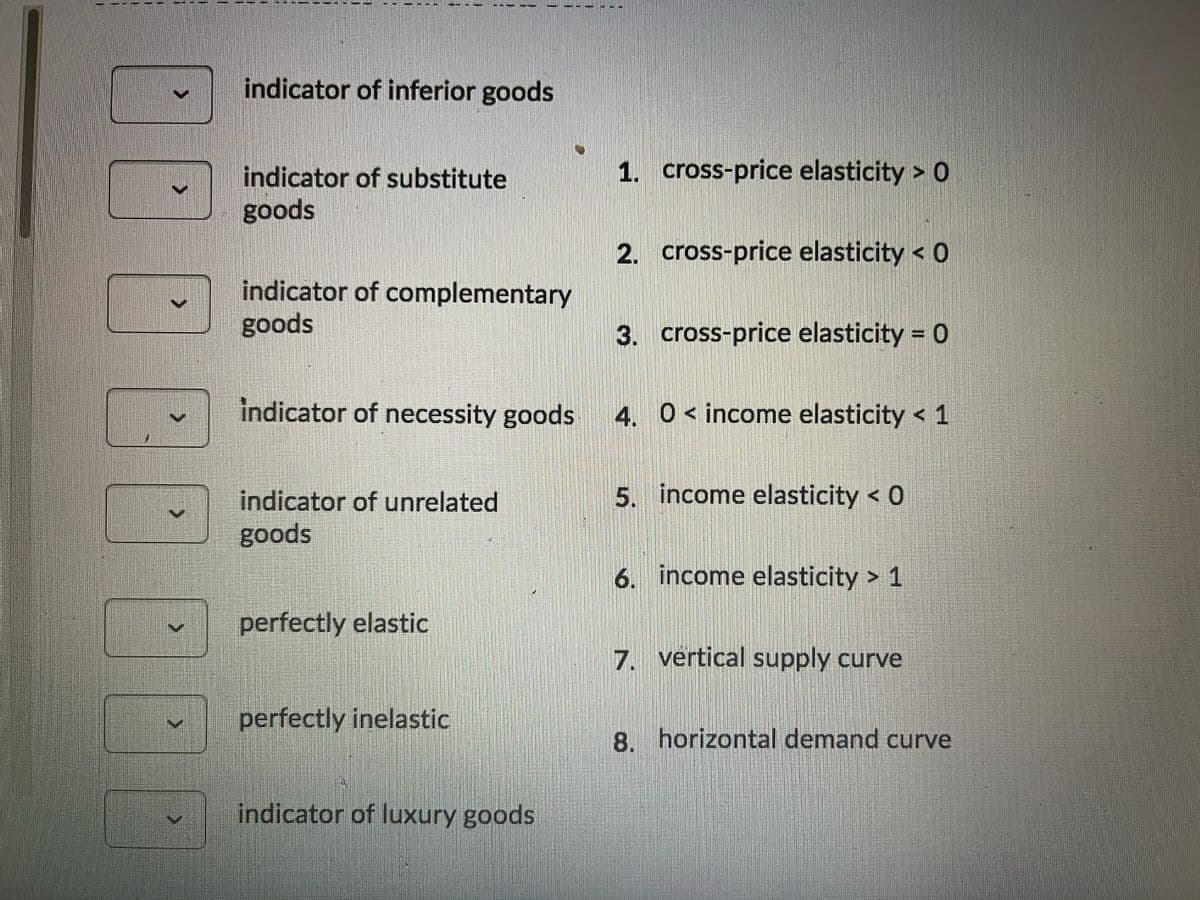 indicator of inferior goods
indicator of substitute
1. cross-price elasticity > 0
goods
2. cross-price elasticity < 0
indicator of complementary
goods
3. cross-price elasticity = 0
indicator of necessity goods
4. 0< income elasticity < 1
indicator of unrelated
5. income elasticity < 0
goods
6. income elasticity > 1
perfectly elastic
7. vertical supply curve
perfectly inelastic
8. horizontal demand curve
indicator of luxury goods
