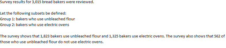 Survey results for 3,015 bread bakers were reviewed.
Let the following subsets be defined:
Group 1: bakers who use unbleached flour
Group 2: bakers who use electric ovens
The survey shows that 1,823 bakers use unbleached flour and 1,325 bakers use electric ovens. The survey also shows that 562 of
those who use unbleached flour do not use electric ovens.