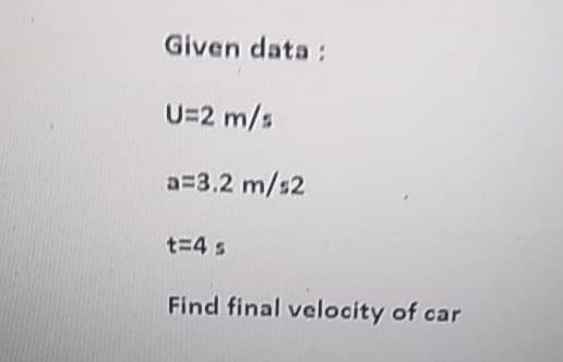 Given data :
U=2 m/s
a=3.2 m/s2
t=4 s
Find final velocity of car
