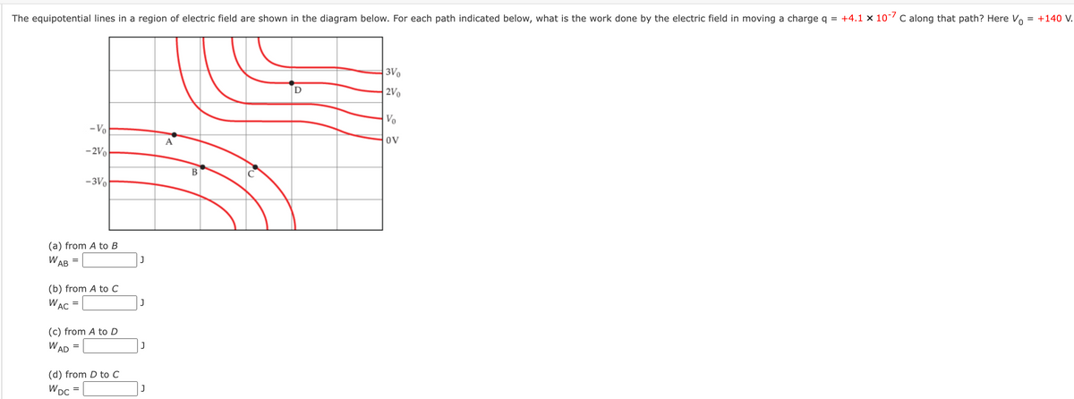 The equipotential lines in a region of electric field are shown in the diagram below. For each path indicated below, what is the work done by the electric field in moving a charge q = +4.1 × 10-7 C along that path? Here Vo = +140 V.
-Vo
-2Vo
(a) from A to B
W =
AB
=
-3Vo
(b) from A to C
WAC
(c) from A to D
WAD
=
(d) from D to C
WDC
J
J
J
A
B
D
3Vo
2V0
Vo
OV