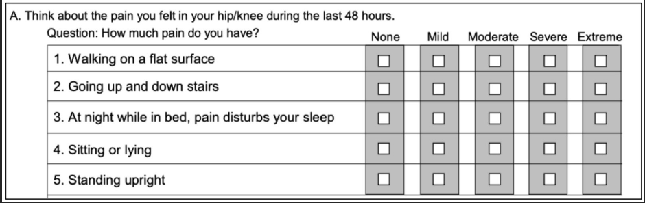 A. Think about the pain you felt in your hip/knee during the last 48 hours.
Question: How much pain do you have?
None
1. Walking on a flat surface
2. Going up and down stairs
3. At night while in bed, pain disturbs your sleep
4. Sitting or lying
5. Standing upright
Mild Moderate Severe Extreme