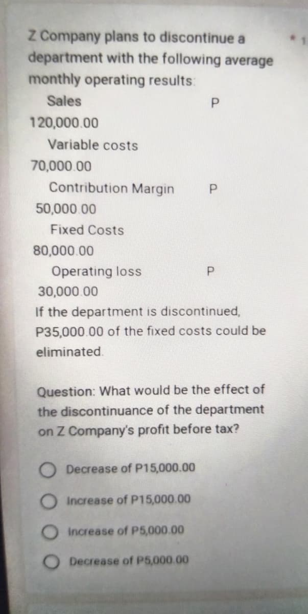 Z Company plans to discontinue a
department with the following average
monthly operating results:
Sales
120,000.00
Variable costs
70,000.00
Contribution Margin
50,000.00
Fixed Costs
80,000.00
Operating loss
P
P
30,000.00
If the department is discontinued,
P35,000.00 of the fixed costs could be
eliminated.
O Decrease of P15,000.00
O Increase of P15,000.00
Increase of P5,000.00
Decrease of P5,000.00
Question: What would be the effect of
the discontinuance of the department
on Z Company's profit before tax?