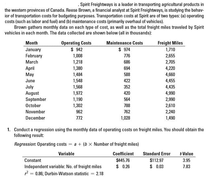 . Spirit Freightways is a leader in transporting agricultural products in
the western provinces of Canada. Reese Brown, a financial analyst at Spirit Freightways, is studying the behav-
ior of transportation costs for budgeting purposes. Transportation costs at Spirit are of two types: (a) operating
costs (such as labor and fuel) and (b) maintenance costs (primarily overhaul of vehicles).
Brown gathers monthly data on each type of cost, as well as the total freight miles traveled by Spirit
vehicles in each month. The data collected are shown below (all in thousands):
Operating Costs
$ 942
Month
Maintenance Costs
Freight Miles
$ 974
January
February
1,710
1,008
76
2,655
March
1,218
686
2,705
April
May
1,380
694
4,220
1,484
588
4,660
June
1,548
422
4,455
4,435
July
August
September
1,568
352
1,972
420
4,990
1,190
564
2,990
October
1,302
788
2,610
November
962
762
2,240
December
772
1,028
1,490
1. Conduct a regression using the monthly data of operating costs on freight miles. You should obtain the
following result:
Regression. Operating costs = a + (b x Number of freight miles)
Variable
Coefficient
Standard Error
t-Value
Constant
$445.76
$112.97
3.95
Independent variable: No. of freight miles
$ 0.26
$ 0.03
7.83
p2 = 0.86; Durbin-Watson statistic = 2.18
%3D
%3D
