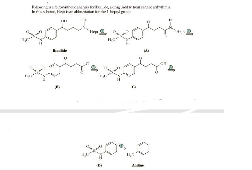 Following is a retrosynthetic analysis for ibutilide, a drug used to treat cardiac arrhythmia.
In this scheme, Hept is an abbreviation for the 1-heptyl group.
Et
Et
он
Неpt
Hept
H,C
H.C
Ibutilide
(A)
HO
H,C
H,C
(B)
(C)
H,C
H.N
H
(D)
Aniline
