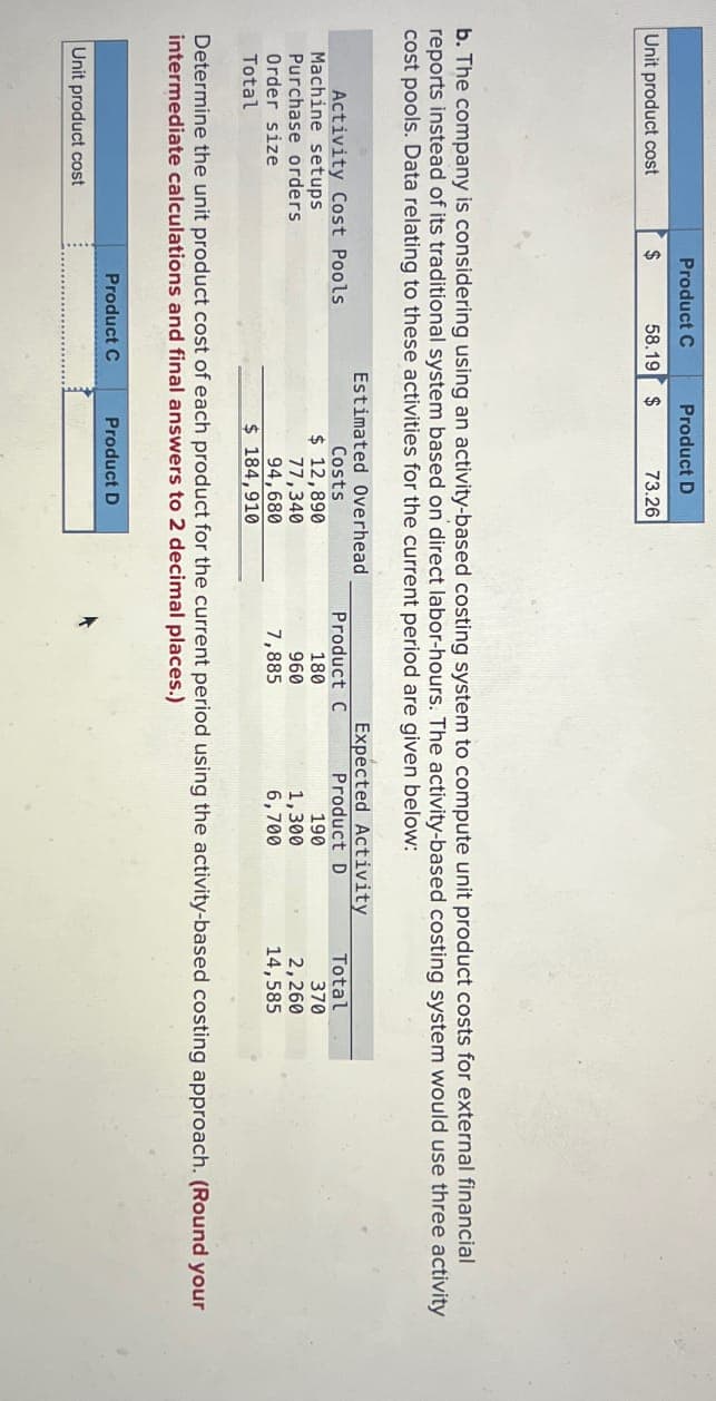 Unit product cost
Machine setups
Purchase orders
Product C
Activity Cost Pools
Order size
Total
$
Unit product cost
58.19
b. The company is considering using an activity-based costing system to compute unit product costs for external financial
reports instead of its traditional system based on direct labor-hours. The activity-based costing system would use three activity
cost pools. Data relating to these activities for the current period are given below:
Estimated Overhead
Product D
$
Product C
73.26
Costs
$ 12,890
77,340
94,680
$184,910
Product C
180
960
7,885
Product D
Expected Activity
Product D
Determine the unit product cost of each product for the current period using the activity-based costing approach. (Round your
intermediate calculations and final answers to 2 decimal places.)
190
1,300
6,700
Total
370
2,260
14,585