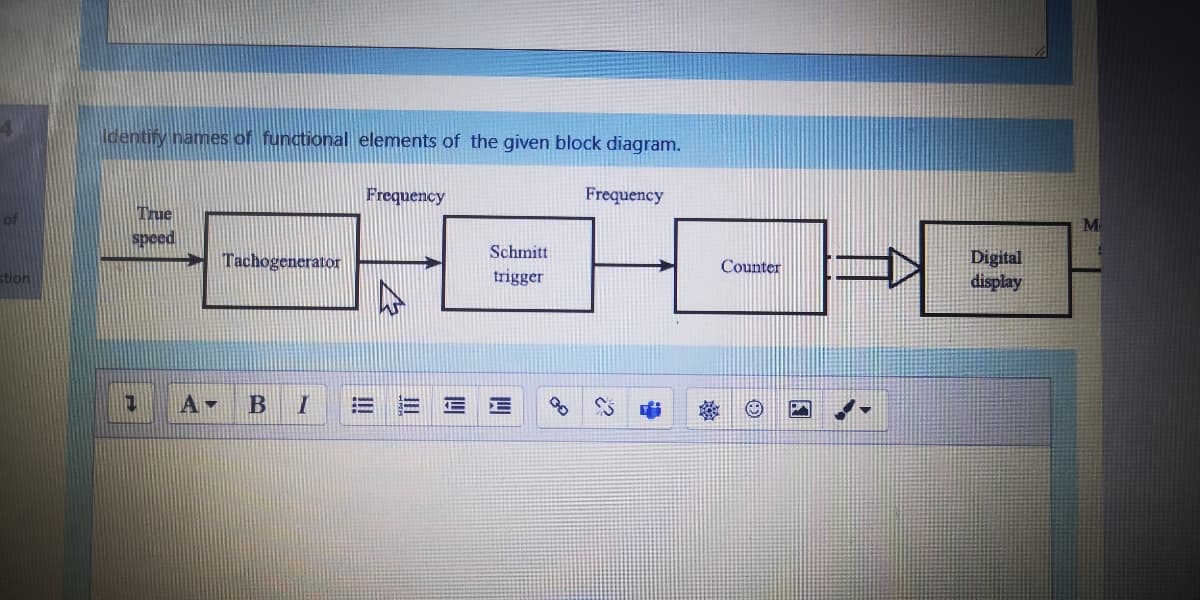 Identify names of functional elements of the given block diagram.
Frequency
Frequency
True
speed
of
M
Schmitt
Digital
display
Tachogenerator
Counter
stion
trigger
A
