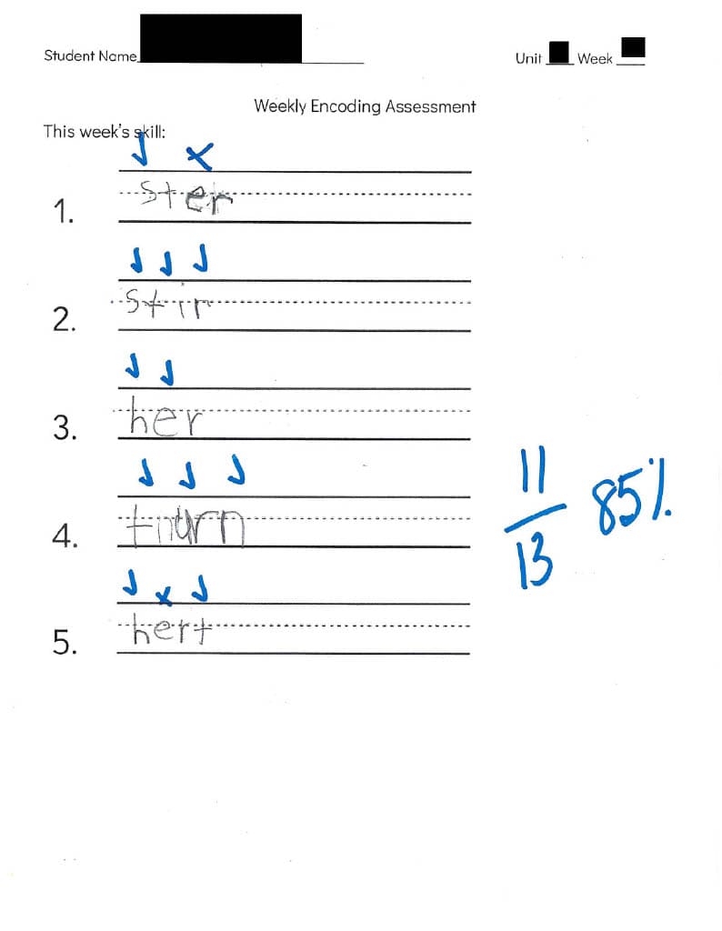 Student Name
This week's skill:
1.
2.
4.
x
ster
3. her
5.
-5415
tourn
hert...
Weekly Encoding Assessment
Unit Week
11
13
85%