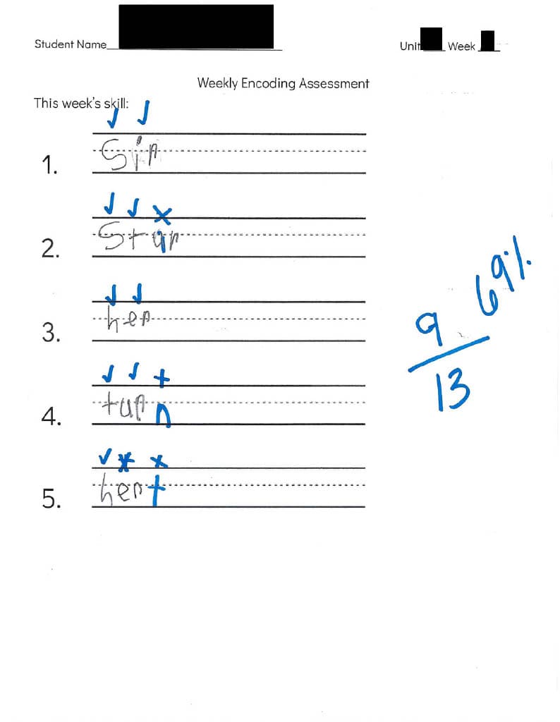 Student Name_
This week's skill:
1.
2.
3.
4.
K's skill: J
Sp
JJX
Star
hep
√√+
tue n
V*X
5. hert.
Weekly Encoding Assessment
Unit Week
ه است
9. 69%