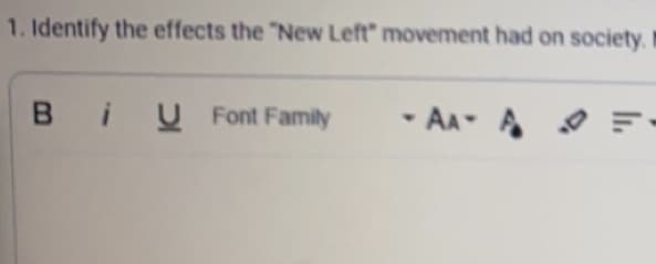 1. Identify the effects the "New Left" movement had on society.
BU Font Family
- AA- A
F