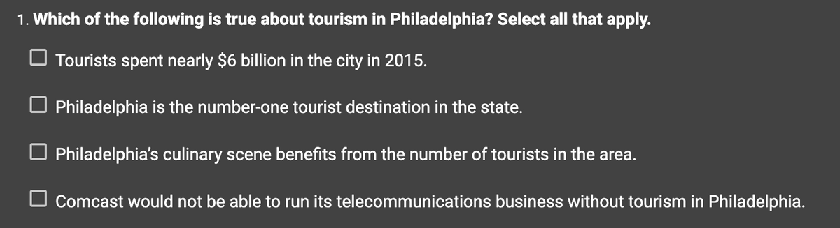 **Question 1: Understanding Tourism in Philadelphia**

**Which of the following is true about tourism in Philadelphia? Select all that apply.**

- [ ] Tourists spent nearly $6 billion in the city in 2015.
- [ ] Philadelphia is the number-one tourist destination in the state.
- [ ] Philadelphia’s culinary scene benefits from the number of tourists in the area.
- [ ] Comcast would not be able to run its telecommunications business without tourism in Philadelphia.