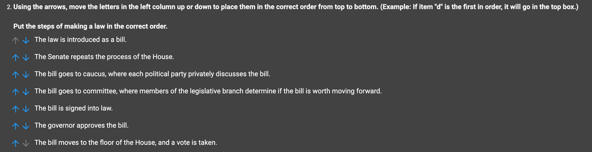### Steps to Making a Law

To understand the legislative process, let's review the steps involved in making a law. Follow the order below to see how a bill becomes law:

1. **The law is introduced as a bill.**
    - A proposal for a new law, or the amendment of an existing law, is introduced in the legislative branch.

2. **The bill goes to committee, where members of the legislative branch determine if the bill is worth moving forward.**
    - A specialized group of legislators review the bill, hold hearings, and decide if it should proceed.

3. **The bill goes to caucus, where each political party privately discusses the bill.**
    - Members of each political party confer in private meetings to discuss the bill's merits and strategize.

4. **The bill moves to the floor of the House, and a vote is taken.**
    - The full House debates the bill and takes a vote. If it passes, it moves to the Senate.

5. **The Senate repeats the process of the House.**
    - The bill goes through similar steps in the Senate: committee review, caucus discussions, and a vote.

6. **The governor approves the bill.**
    - After passing both the House and Senate, the bill is sent to the governor for approval.

7. **The bill is signed into law.**
    - If the governor approves and signs the bill, it officially becomes law.

By following these steps, a proposed bill can navigate the legislative process to become a law, ensuring it is thoroughly reviewed and debated by elected representatives.