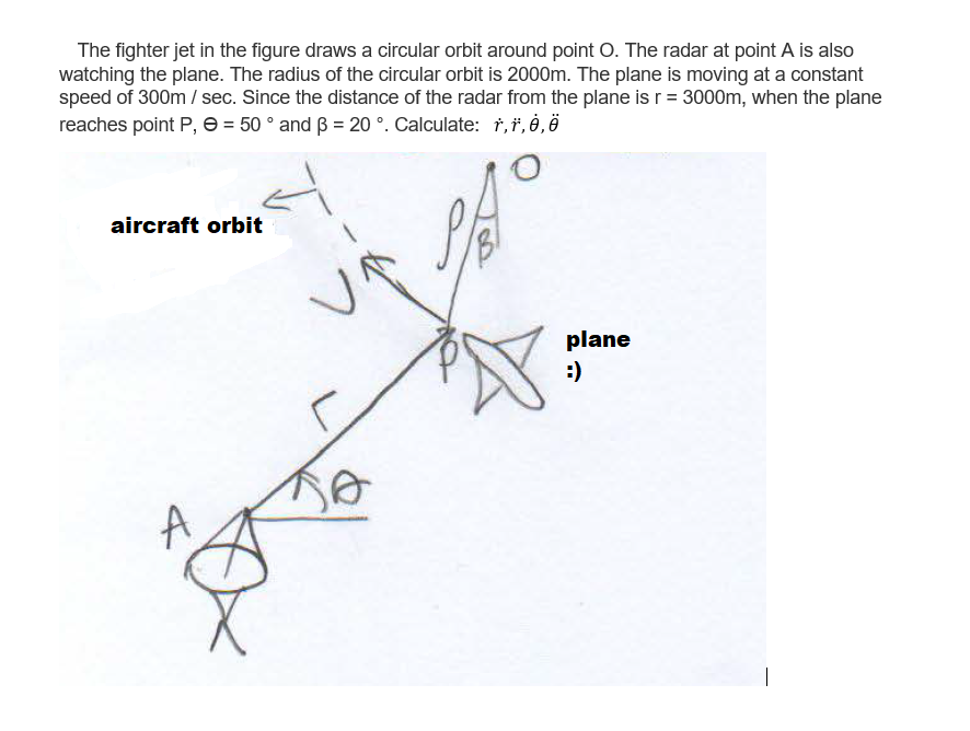 The fighter jet in the figure draws a circular orbit around point O. The radar at point A is also
watching the plane. The radius of the circular orbit is 2000m. The plane is moving at a constant
speed of 300m / sec. Since the distance of the radar from the plane is r= 3000m, when the plane
reaches point P, e = 50 ° and ß = 20 °. Calculate: †, *, è ‚ö
aircraft orbit
plane
:)
A
