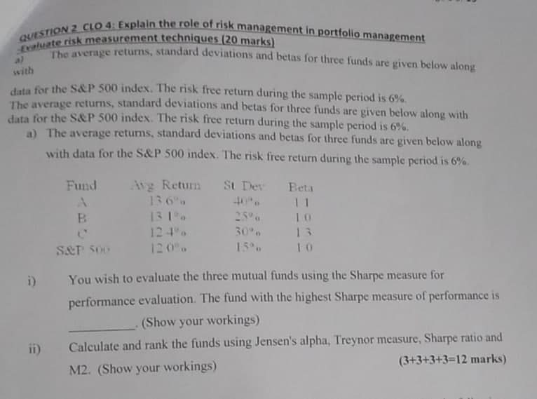 QUESTION 2 CLO 4: Explain the role of risk management in portfolio management
Evaluate risk measurement techniques (20 marks)
a)
with
The average returns, standard deviations and betas for three funds are given below along
data for the S&P 500 index. The risk free return during the sample period is 6%.
The average returns, standard deviations and betas for three funds are given below along with
data for the S&P 500 index. The risk free return during the sample period is 6%.
a) The average returns, standard deviations and betas for three funds are given below along
with data for the S&P 500 index. The risk free return during the sample period is 6%.
Fund
Avg Return
St Dev
Beta
A
13.6%
40%
11
B
13.1%
25%
10
12.4%
30%
13
S&P 500
120%
15%
10
i)
ii)
You wish to evaluate the three mutual funds using the Sharpe measure for
performance evaluation. The fund with the highest Sharpe measure of performance is
(Show your workings)
Calculate and rank the funds using Jensen's alpha, Treynor measure, Sharpe ratio and
M2. (Show your workings)
(3+3+3+3=12 marks)