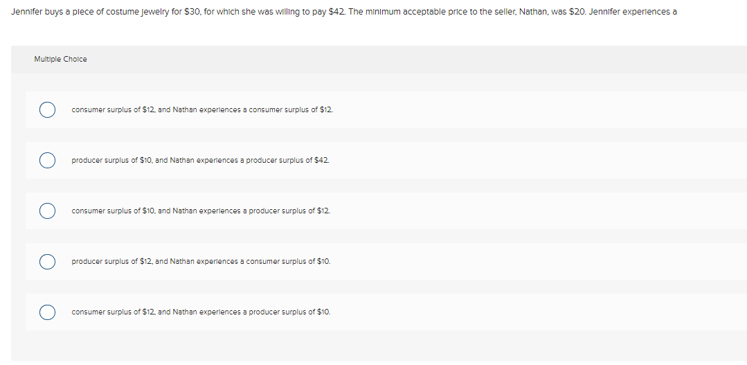 Jennifer buys a plece of costume Jewelry for $30, for which she was willing to pay $42. The minimum acceptable price to the seller, Nathan, was $20. Jennifer experlences a
Multiple Cholce
consumer surplus of $12, and Nathan experlences a consumer surplus of $12.
producer surplus of $10, and Nathan experlences a producer surplus of $42.
consumer surplus of $10, and Nathan experlences a producer surplus of $12.
producer surplus of $12, and Nathan experlences a consumer surplus of $10.
consumer surplus of $12, and Nathan experlences a producer surplus of $10.
