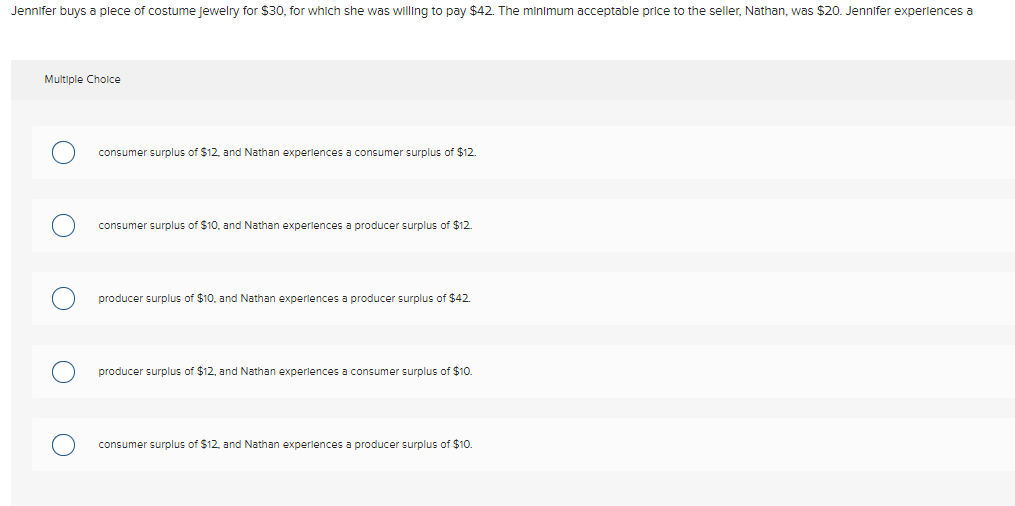 Jennifer buys a plece of costume Jewelry for $30, for whlch she was willing to pay $42. The minimum acceptable price to the seller, Nathan, was $20. Jennifer experlences a
Multiple Cholce
consumer surplus of $12, and Nathan experiences a consumer surplus of $12.
consumer surplus of $10, and Nathan experiences a producer surplus of $12.
producer surplus of $10, and Nathan experlences a producer surplus of $42.
producer surplus of $12, and Nathan experlences a consumer surplus of $1o.
consumer surplus of $12, and Nathan experiences a producer surplus of $10.
