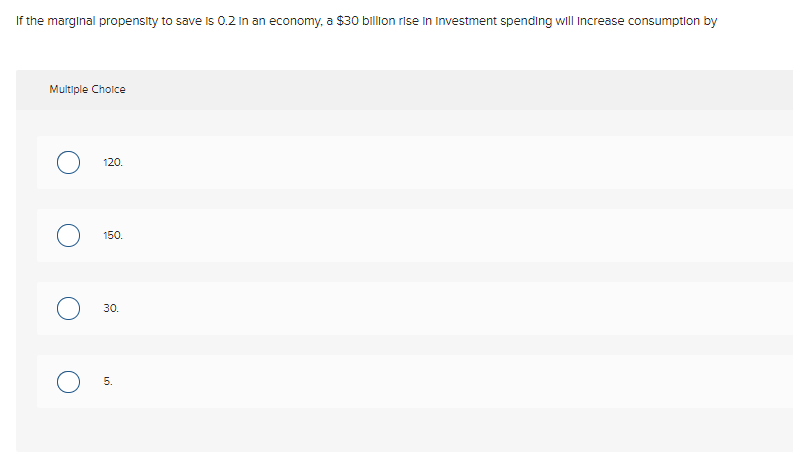 If the marginal propensity to save is 0.2 in an economy, a $30 billion rise in investment spending will Increase consumption by
Multiple Choice
120.
150.
30.
5.
