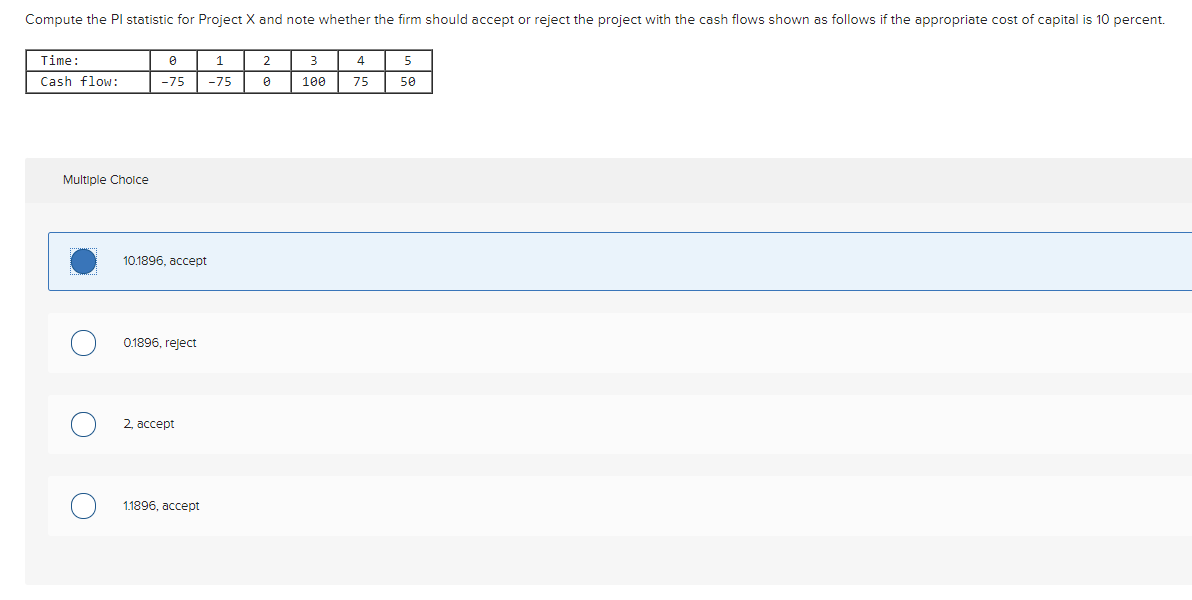 Compute the Pl statistic for Project X and note whether the firm should accept or reject the project with the cash flows shown as follows if the appropriate cost of capital is 10 percent.
Time:
1
2
4
5
Cash flow:
-75
-75
100
75
50
Multiple Cholce
10.1896, ассерt
0.1896, reject
2, асcеpt
1.1896, accept
