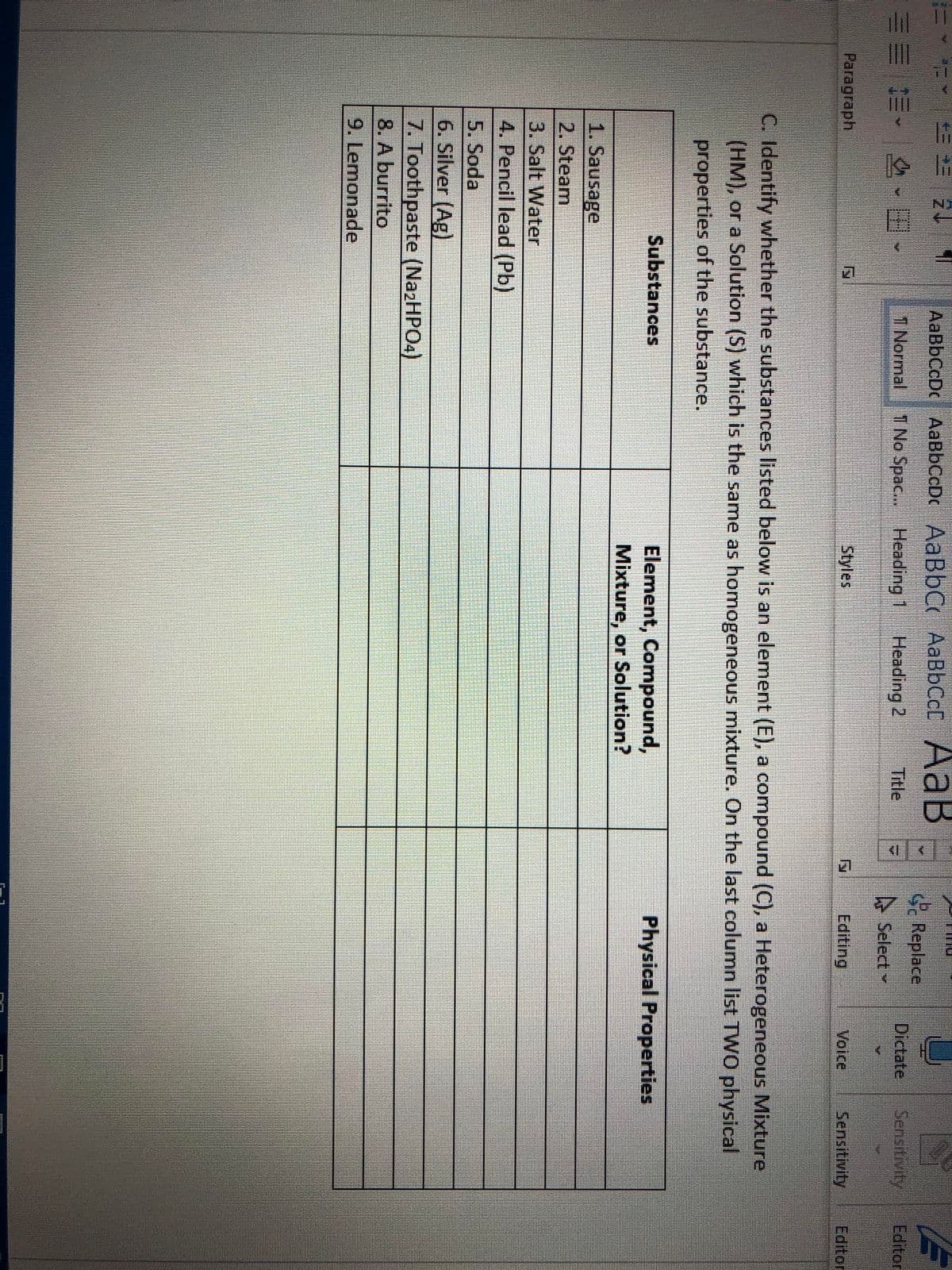 AaBbCcDc AaBbCcDc AaBbC AABBCCC AaB
Replace
1 Normal
1 No Spac... Heading 1
Heading 2
Title
Dictate
Sensitivity
Editor
ASelect v
Paragraph
Styles
Editing
Voice
Sensitivity
Editor
C. Identify whether the substances listed below is an element (E), a compound (C), a Heterogeneous Mixture
(HM), or a Solution (S) which is the same as homogeneous mixture. On the last column list TW0 physical
properties of the substance.
Physical Properties
Element, Compound,
Mixture, or Solution?
Substances
1. Sausage
2. Steam
3. Salt Water
4. Pencil lead (Pb)
5. Soda
6. Silver (Ag)
7. Toothpaste (NazHPO4)
8. A burrito
9. Lemonade
