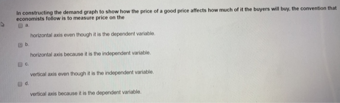 In constructing the demand graph to show how the price of a good price affects how much of it the buyers will buy, the convention that
economists follow is to measure price on the
b.
C.
d.
horizontal axis even though it is the dependent variable.
horizontal axis because it is the independent variable.
vertical axis even though it is the independent variable.
vertical axis because it is the dependent variable.