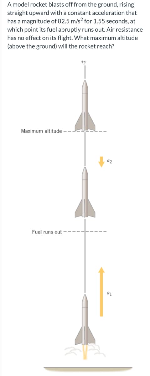 A model rocket blasts off from the ground, rising
straight upward with a constant acceleration that
has a magnitude of 82.5 m/s² for 1.55 seconds, at
which point its fuel abruptly runs out. Air resistance
has no effect on its flight. What maximum altitude
(above the ground) will the rocket reach?
+V
Maximum altitude
Fuel runs out
02
a1