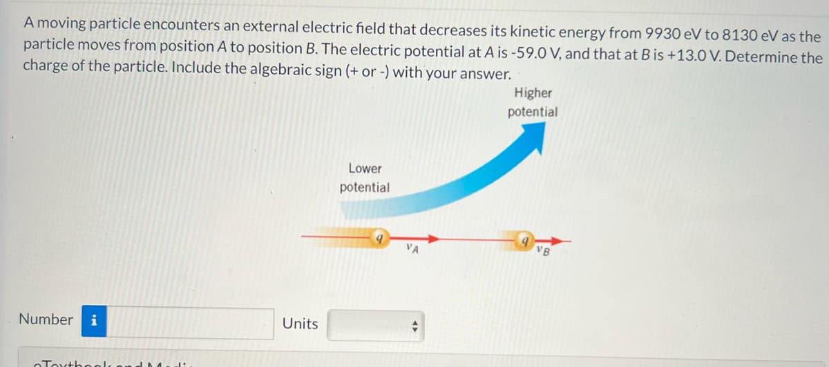 A moving particle encounters an external electric field that decreases its kinetic energy from 9930 eV to 8130 eV as the
particle moves from position A to position B. The electric potential at A is -59.0 V, and that at B is +13.0 V. Determine the
charge of the particle. Include the algebraic sign (+ or -) with your answer.
Number i
Textbook and Medi
Units
Lower
potential
Higher
potential
VB